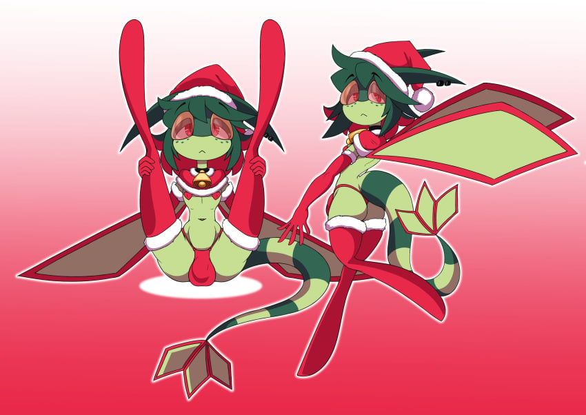 2024 absurd_res anthro bulge christmas christmas_clothing christmas_headwear christmas_legwear clothing detailed_bulge femboy flygon generation_3_pokemon genital_outline green_hair hair hat headgear headwear hi_res holidays kalisko legwear male nintendo penis_outline pokemon pokemon_(species) red_eyes santa_hat solo tagme thompson-vonjung