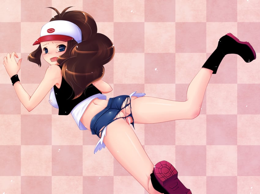 baseball_cap blue_eyes boots bracelet brown_hair censored checkered_background female female_only hat hilda_(pokemon) human koga_yoshihisa looking_back no_panties open_mouth pokemon pokemon_bw ponytail pussy shorts solo tears tied_hair torn_shorts visor_cap