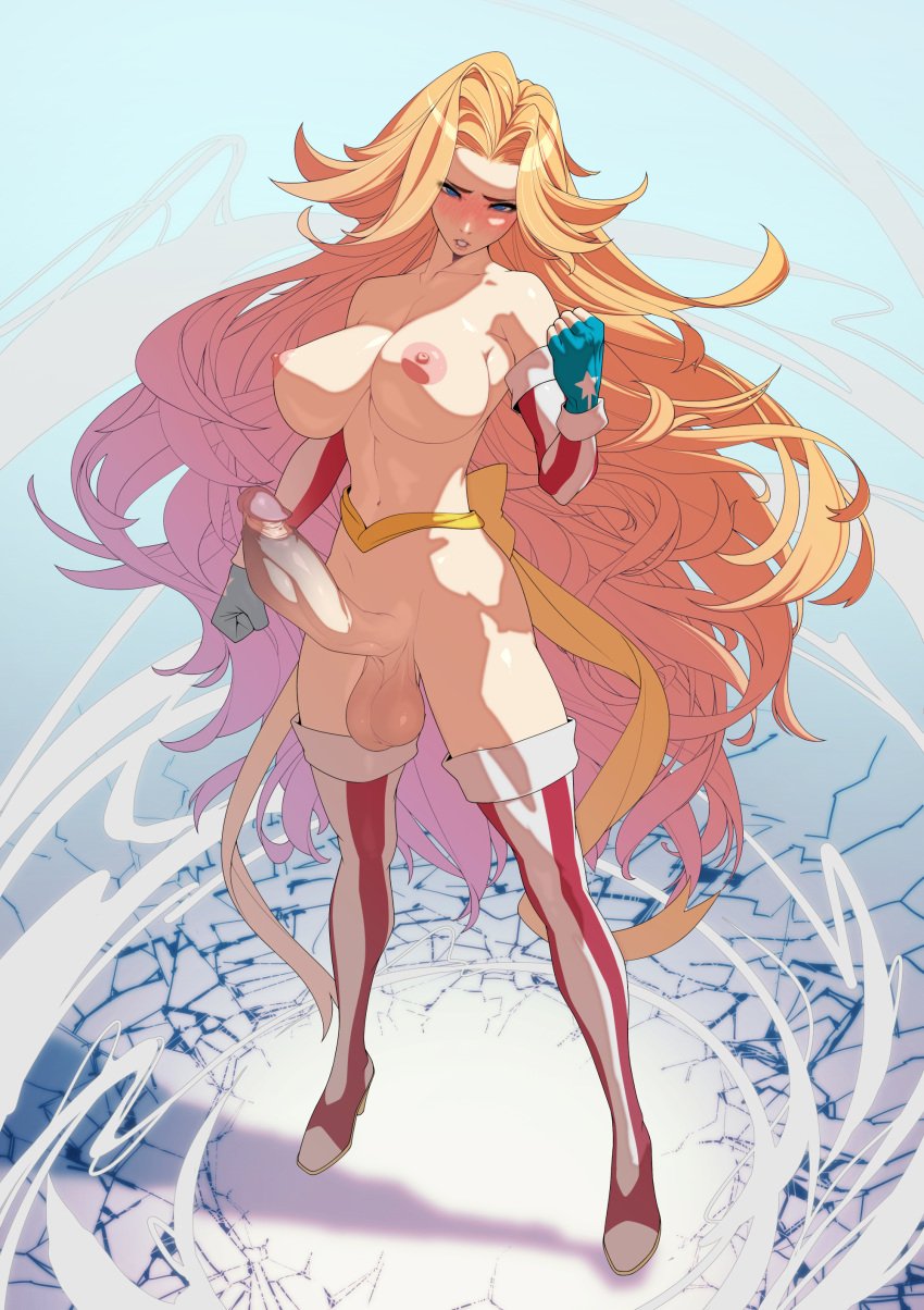 1futa areolae balls big_ass big_breasts big_penis blonde_hair breasts bulge bulge_through_clothing dickgirl erection futa_only futanari huge_breasts huge_cock human kamen_america kamen_america_(character) kamen_america_(series) light-skinned_futanari light_skin long_hair nipples nude penis pose posing smiling_at_viewer smirk solo standing thighhighs tomoyuki_kotani