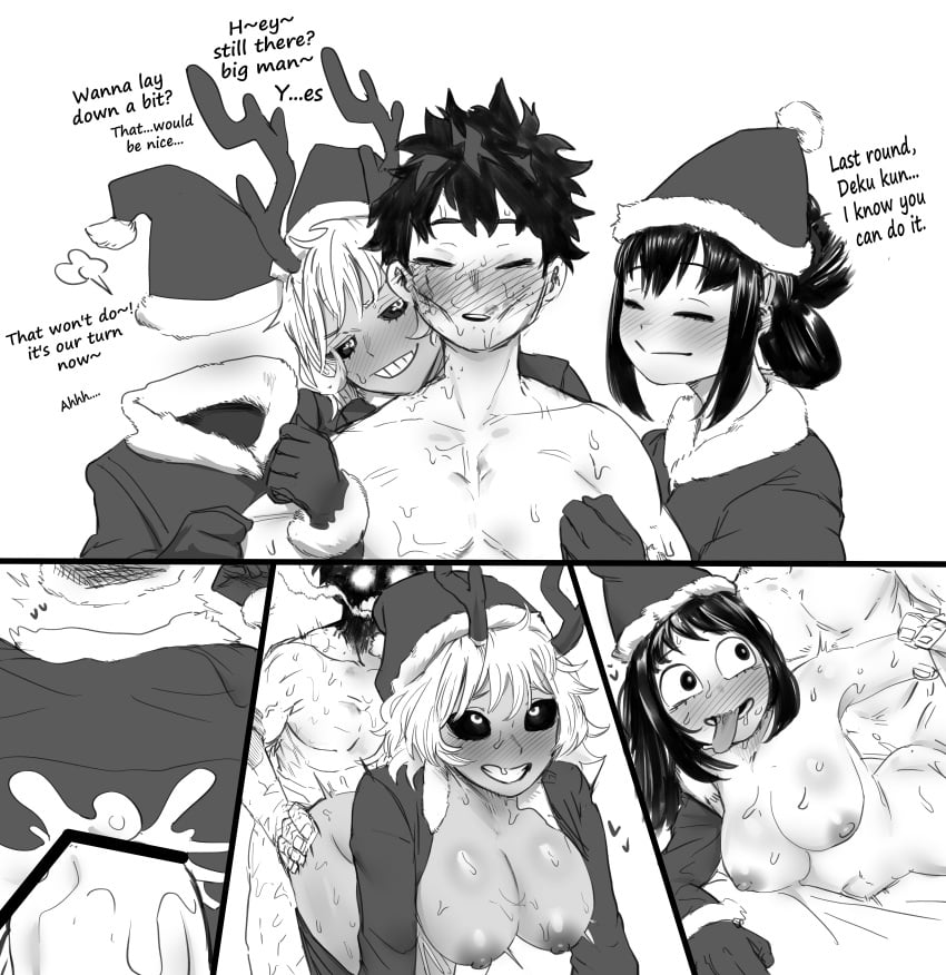 1boy 3girls ahe_gao amano44 ass big_ass big_breasts blush breasts cum cum_in_pussy cum_inside english_text izuku_midoriya mina_ashido my_hero_academia nipples santa_costume santa_hat sex sex_from_behind smile sweat text tongue tongue_out tooru_hagakure tooru_hagakure_(invisible) tsuyu_asui vaginal_penetration