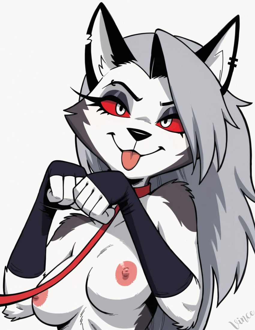 ai_generated anthro breasts collar female grey_body grey_fur grey_hair hellhound helluva_boss leash long_hair looking_at_viewer loona_(helluva_boss) nipples red_sclera stable_diffusion tongue tongue_out vince_ai white_body white_eyes white_fur