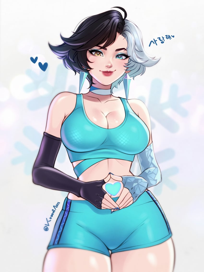 1girls black_hair blue_eyes breasts choker cleavage elbow_gloves female female_only fingerless_gloves gloves heart heart_symbol heterochromia highres konomidraw konomidraws korean_text looking_at_viewer luna_snow luna_snow_(marvel_rivals) marvel marvel_rivals multicolored_hair navel short_hair shorts smile smiling_at_viewer solo split-color_hair sportswear thick_thighs thigh_gap two-tone_hair white_hair wholesome