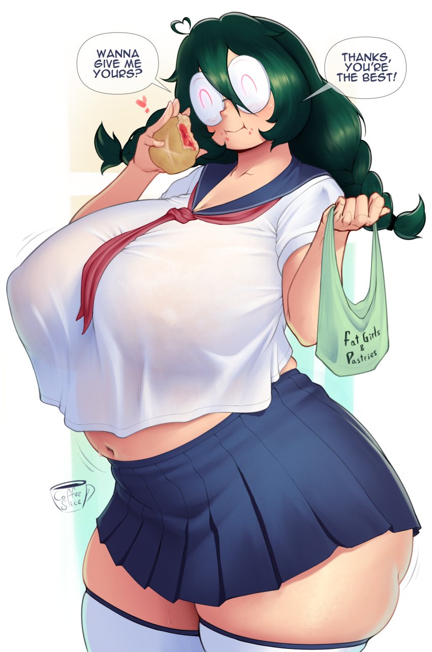 1girl ahoge artist_name braid breasts coffeeslice collarbone covered_erect_nipples cowboy_shot eating english_text female food glasses green_hair heart highres huge_breasts midriff motion_lines navel neckerchief nerd_(coffeeslice) original pastry pleated_skirt plump sailor_collar school_uniform see-through_clothes serafuku signature skindentation skirt solo speech_bubble standing thick_thighs thighs twin_braids wide_hips