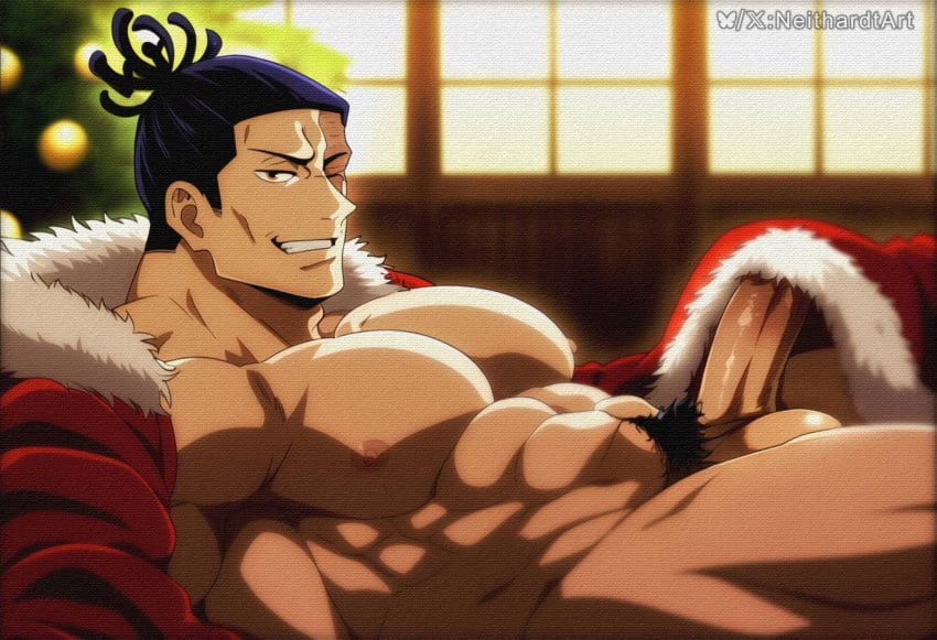 1boy abs ai_assisted ai_generated aoi_todo balls big_balls big_penis black_hair indoors jujutsu_kaisen male male_focus male_only muscular muscular_male neithardtart nipples partially_clothed penis ponytail pubic_hair santa_costume scar_across_eye short_hair solo solo_focus solo_male