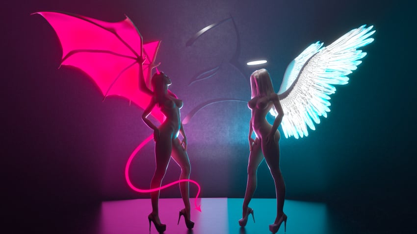 2girls angel angel_girl angel_halo angel_wings black_heels demon demon_girl demon_horns demon_tail demon_wings demoness durenard female female_focus female_only fit fit_female high_heels katerina_durenard nipples nude nude_female red_hair toned toned_body toned_female white_hair white_heels wings