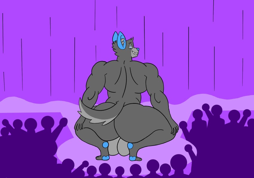 anthro ass balls big_balls big_butt canid canine canis club_(disambiguation) digital_media_(artwork) exhibitionism genitals hi_res huge_butt hyper hyper_butt male male_only mammal on_stage psychoticwalrus solo wolf