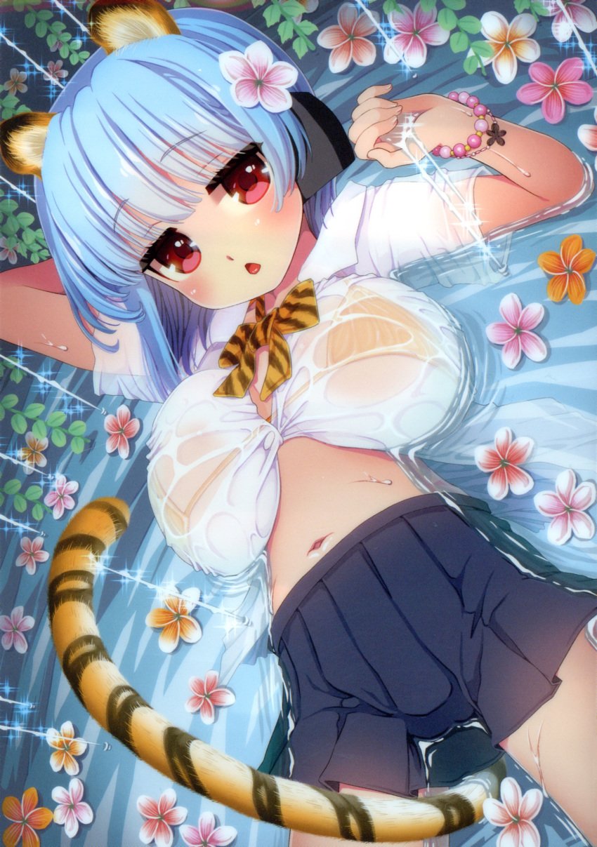 1girls bead_bracelet blue_hair blush cat_girl clothed female flowers flowers_in_hair in_water large_breasts looking_at_viewer red_eyes sagging_breasts school_uniform see-through skirt soft_breasts solo solo_female suzune_rai swimsuit_under_clothes tail_between_legs tiger_ears tiger_girl tiger_tail wet wet_clothing wet_t-shirt