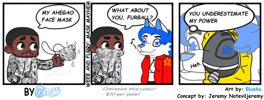 absurd_res anthro blueka breasts canid canine canis cleavage clothed clothing comic costume duo english_text face_mask fursuit fursuit_head hazmat_suit hi_res hoodie human jacket male mammal text topwear wolf