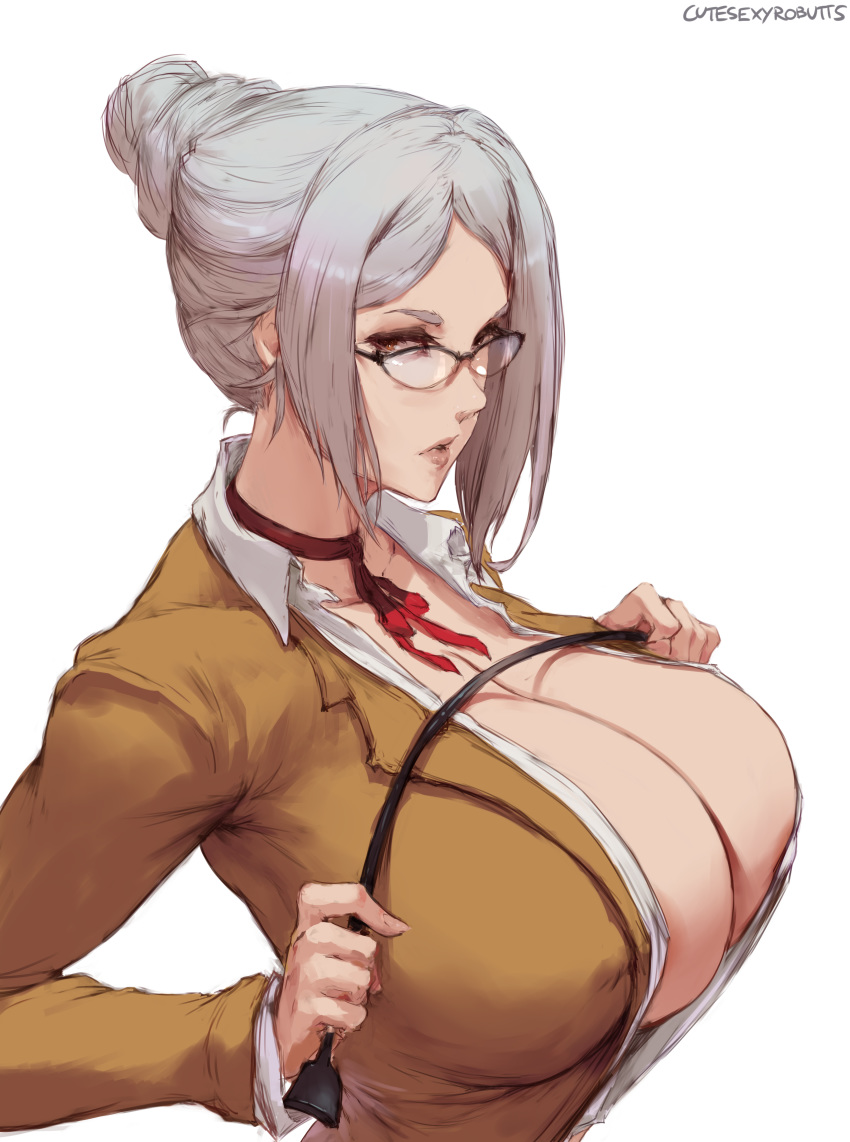 1girls artist_name bedroom_eyes black-framed_eyewear breasts brown_eyes choker clavicle cleavage cleavage_overflow cutesexyrobutts deep_cleavage erect_nipples_under_clothes female female_only full_cleavage glasses high_resolution huge_breasts large_breasts long_hair looking_at_viewer megane nipple_bulge open_clothes open_shirt parted_lips partially_visible_areolae prison_school red_choker riding_crop seductive shiraki_meiko signature silver_hair simple_background slq solo solo_female tied_hair upper_body very_high_resolution white_background white_shirt