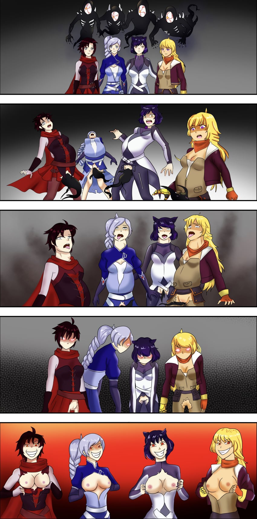 blake_belladonna breasts clothing comic faunus female forced geist_(rwby) grimm_(rwby) grin human multiple_girls nipples possessed ruby_rose rwby team_rwby weiss_schnee yang_xiao_long