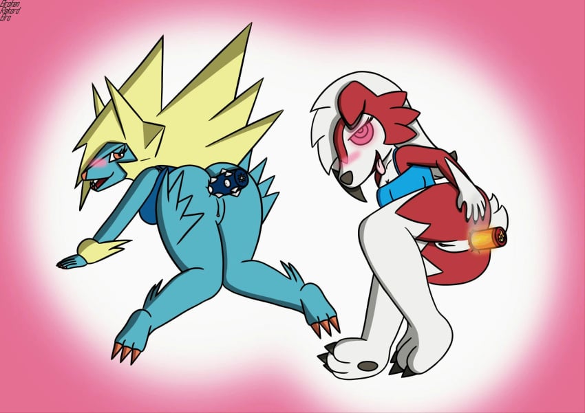 2girls all_fours anal anal_masturbation anal_sex anthro anthrofied ass blue_body blue_fur blush bottomless canine clothed clothing dildo duo eye_contact feet female female_only fire fur genitals glowing glowing_eyes hi_res looking_at_viewer lycanroc manectric masturbation mega_evolution mega_manectric midnight_lycanroc multiple_girls nintendo original_character penetration pink_background pokémon_(species) pokemon pokemon_oras pokemon_rse pokemon_sm red_body red_fur sex_toy source_request spikes spread_ass spreading text thick_thighs tongue tongue_out toying_self video_games watermark white_fur wide_hips yellow_fur