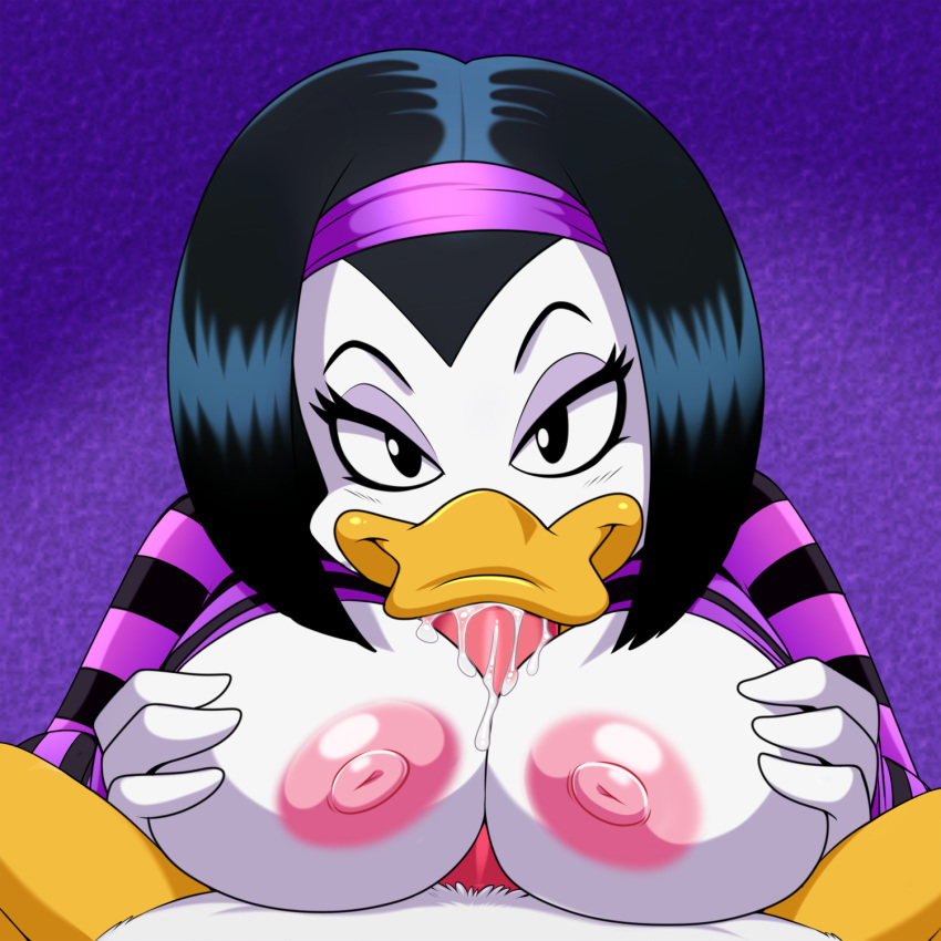 1:1 2020 anatid anseriform anthro areola avian bird black_hair breasts disney double_duck duck ducktaes duo eye_contact female first_person_view genitals hair half-closed_eyes hi_res kay_k lonbluewolf looking_at_viewer male male_pov narrowed_eyes nipples oral paizuri penis pov sex straight titjob