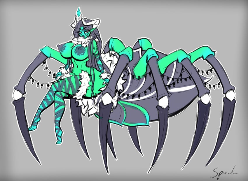 1girls 2021 arachne arachnid areolae breasts crossed_legs erect_nipples female female_only fur gem green_hair horn huge_breasts lilith_art lipstick long_hair looking_at_viewer monster_girl nipples original original_character sketch solo spider_girl thick_thighs thin_waist very_long_hair voluptuous wide_hips