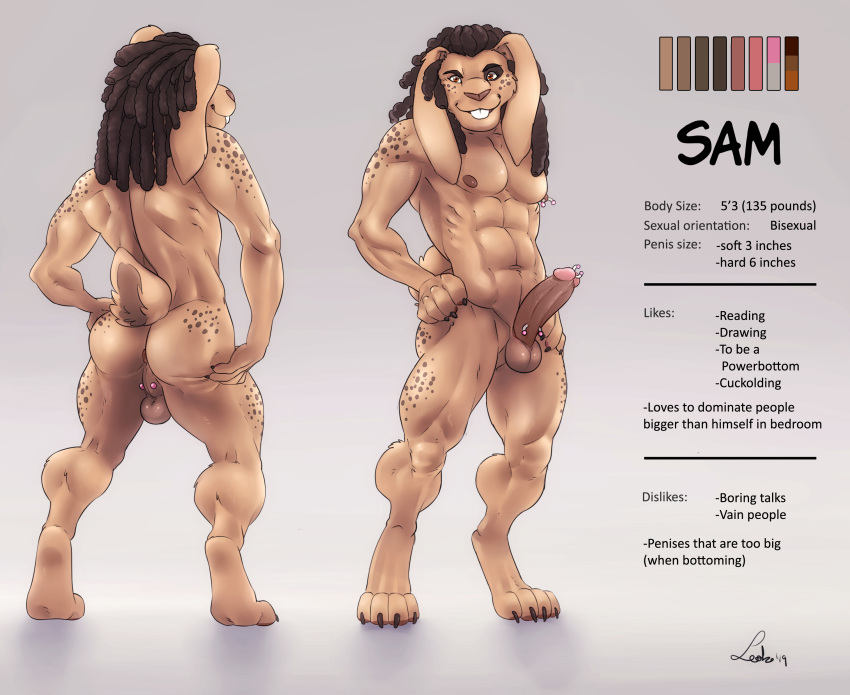 2019 4_toes abs absurd_res anthro anus ass backsack balls buckteeth claws english_text erection genitals glans guiche_piercing hair hi_res lagomorph leobo leporid male mammal model_sheet nipple_piercing nipples nude penis piercing rabbit sam_(fuzzylopunny) teeth text toe_claws toes