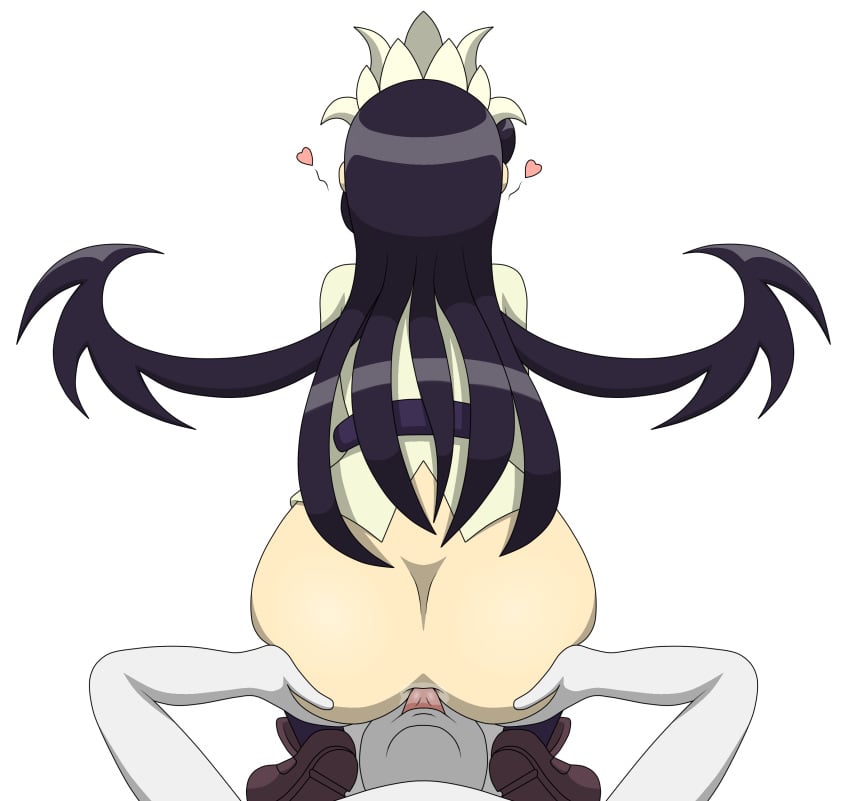 1boy 1girls anilingus ass ass_grab black_hair bottomless cf900 faceless_male facesitting facing_away filia_(skullgirls) kneeling long_hair rimming samson_(skullgirls) skullgirls spoken_heart