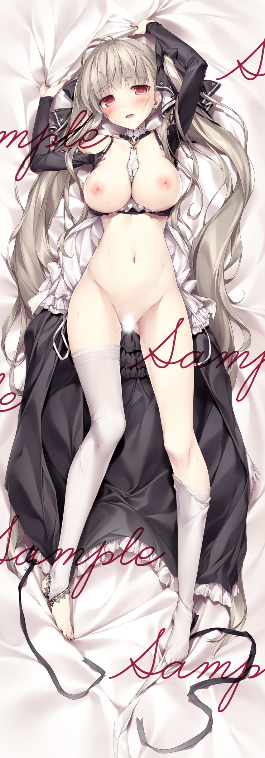 absurdres areolae azur_lane bangs bare_shoulders bed bed_sheet between_breasts black_bow black_dress black_nails black_ribbon blunt_bangs blush bow breasts censored clothes_removed collar collarbone commentary_request dakimakura detached_collar dress dress_pull ear_piercing earrings eyebrows_visible_through_hair female fingernails formidable_(azur_lane) frilled_dress frills hair_ornament hair_ribbon hairbow head_tilt highres holding holding_sheet implied_sex jewelry karory large_breasts lolita_fashion long_hair long_sleeves looking_at_viewer lying midriff nail_polish navel nipples nude on_back on_bed open_mouth outstretched_foot panties piercing platinum_blonde_hair pussy pussy_juice red_eyes ribbon ribbon_legwear saliva sample sleeves sleeves_past_wrists solo thighhighs thighhighs_pull thighs toenail_polish toenails tongue twintails two-tone_ribbon underwear very_long_hair watermark white_legwear white_ribbon