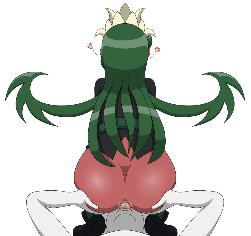 1boy 1girls anilingus ass ass_grab bottomless cf900 dark-skinned_female dark_skin faceless_male facesitting facing_away fukua_(skullgirls) green_hair kneeling long_hair rimming shamone_(skullgirls) skullgirls spoken_heart