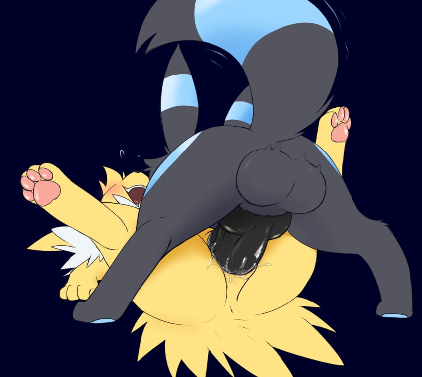 1boy 1girls 4_toes absurd_res alternate_color animal_genitalia animal_penis anonymous_artist anus ass big_penis big_testicles black_body black_fur black_penis blue_background blue_fur blue_markings blush bodily_fluids canine canine_penis draco_(artist) draco_(draco) eeveelution feet female female_penetrated feral feral_on_feral feral_penetrating fur furry furry_only genital_fluids hi_res huge_penis interspecies jett_(draco) jolteon knot legs_up long_ears lying male male/female male_penetrating male_penetrating_female markings mating_press nintendo on_back on_top open_mouth original_character pawpads paws penetration penis pink_pawpads pokémon_(species) pokemon pussy pussy_juice sex shiny_pokemon smile source_request spread_legs straight sweat tail teeth testicles thick_thighs toes umbreon vaginal_penetration veins veiny_penis video_games wet wide_hips yellow_body yellow_fur