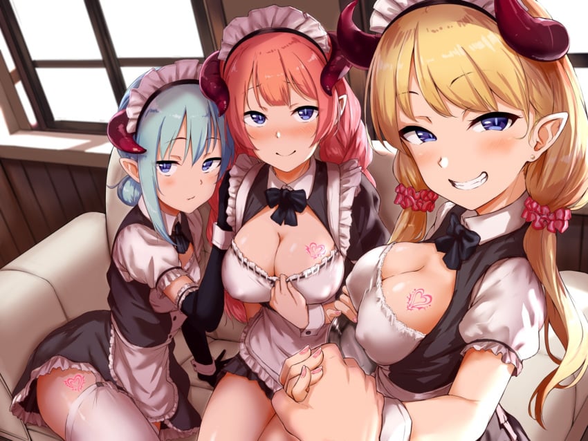 3girls aoi_tiduru cleavage erect_nipples horns looking_at_viewer maid multiple_girls pointy_ears pov stockings tattoo thighhighs