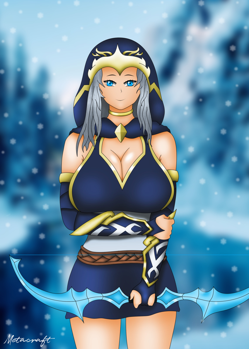 ashe_(league_of_legends) big_breasts blue_eyes bow clothed female female_only gloves hood icy league_of_legends long_hair looking_at_viewer metacraft queen smile solo white_hair