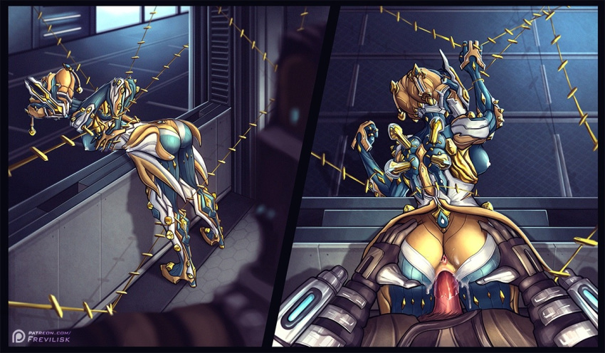 1boy 1girls alien_girl ass ass_grab bondage breasts captured female frevilisk genital_fluids genitals interspecies khora_(warframe) male medium_breasts nipples rape robot robot_girl sex straight vaginal vaginal_penetration vaginal_sex warframe yellow_body