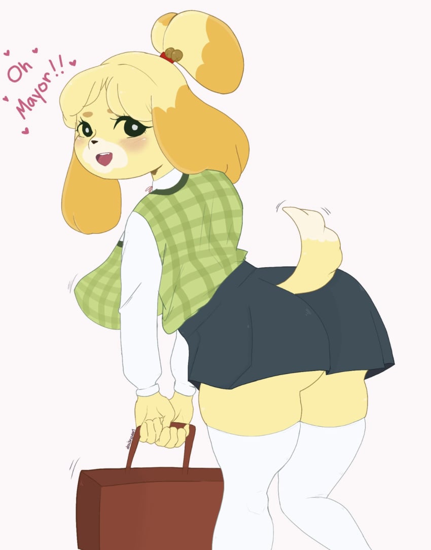 2020 animal_crossing anthro big_ass big_butt big_ears breasts cuteancuddly doujinpearl isabelle_(animal_crossing) nintendo school_uniform schoolgirl skirt thick_ass thick_thighs thighs yellow_fur