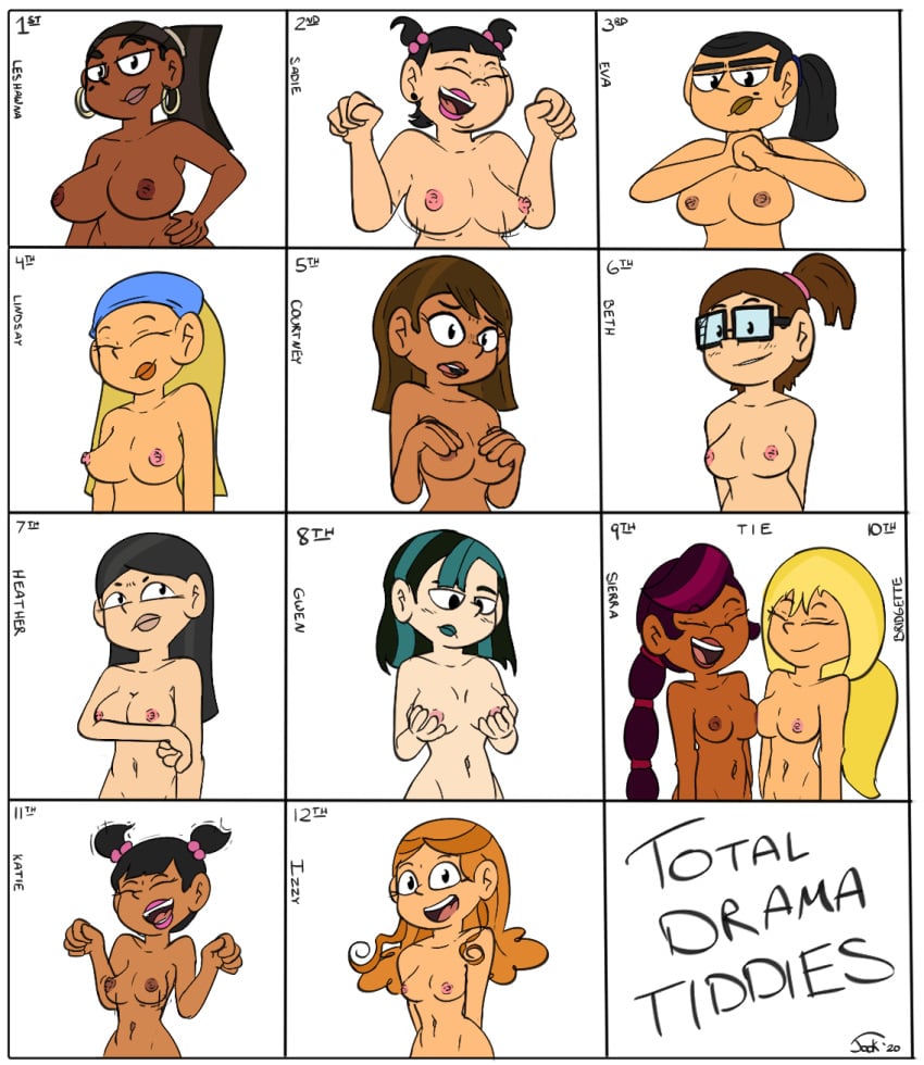 12girls 6+girls bandana beauty_mark belly belly_button beth_(tdi) big_breasts blonde_hair blush braid breast_chart breasts bridgette_(tdi) casual courtney_(tdi) cupping_breasts dark_skin embarrassed embarrassed_nude_female eva_(tdi) female female_only glasses goth gwen_(tdi) happy heather_(tdi) hoop_earrings izzy_(tdi) jookbox katie_(tdi) latina leshawna_(tdi) lindsay_(tdi) looking_at_viewer medium_breasts mole mole_under_eye multiple_girls navel nipples nude pale_skin panels pigtails ponytail red_hair sadie_(tdi) sierra_(tdi) simple_background small_breasts smile tagme total_drama_island white_background