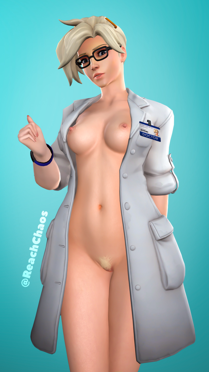 1girls 3d 3d_(artwork) big_breasts blonde_hair blue_eyes doctor female glasses hairy_pussy half-dressed half_nude lab_coat lab_coat_only labcoat medic mercy nude_female overwatch reachchaos smooth_skin source_filmmaker thick_thighs