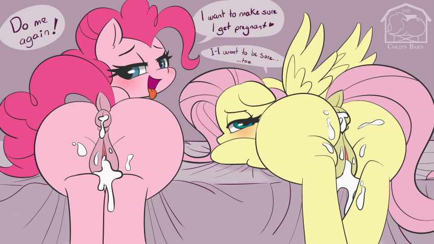 absurdres after_sex anus ass bed blush bodily_fluids color_edit colored cum cum_in_ass cum_in_pussy cum_inside dialogue duo edit english_text equid equine female feral fluttershy_(mlp) friendship_is_magic furniture genital_fluids genitals highres horse looking_back mammal my_little_pony pinkie_pie_(mlp) pony pterippus puffy_anus pussy quadruped text thecoldsbarn tongue tongue_out wings