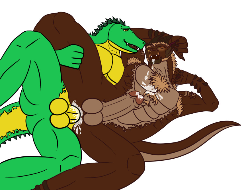 abs anal armpit_hair balls bodily_fluids body_hair brown_body brown_fur brown_hair brown_scales claws crocodile crocodilian crocodylid cum cum_in_mouth cum_inside cum_on_chest dazzed dragon duo erection fur genital_fluids genitals green_body green_scales hair horn humanoid_genitalia humanoid_penis male male/male muscular penis reptile scales scalie scorch_croco-derg steiner_draggal thescorchingdragon yellow_eyes