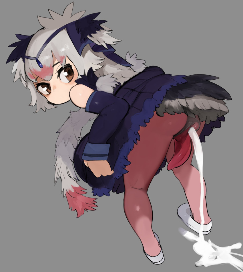 1girls 2020 animal_genitalia animal_humanoid animal_penis avian avian_humanoid bird bird_humanoid bodily_fluids butt cloaca clothed clothing colored_feces common_ostrich_(kemono_friends) digital_media_(artwork) feathers feces genitals gynomorph hair hi_res humanoid intersex kemono_friends liteu penis rear_view scat simple_background solo unusual_scat white_hair