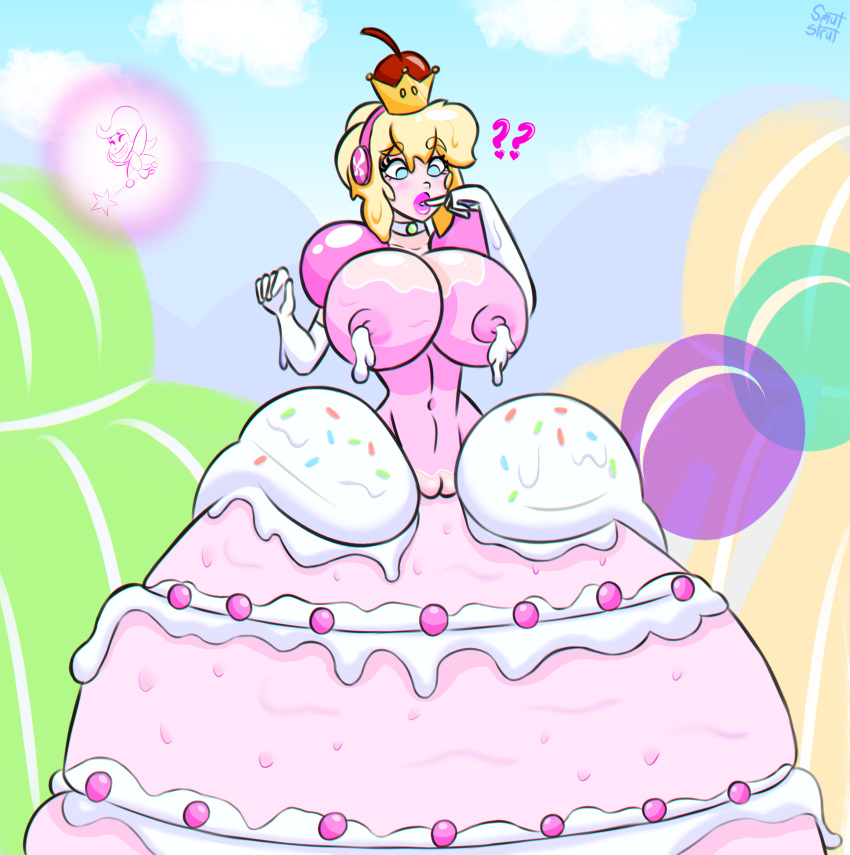 1girls absurd_res absurdres aegis_(persona) aigis_(persona) big_breasts big_lips bimbo blonde_hair blue_eyes cake collar confused crown digital_media_(artwork) earmuffs fairy female female_focus finger_on_lip finger_on_mouth food food_transformation frosting gynoid hi_res high_resolution highres hills huge_breasts human human_only lactation large_breasts looking_down mario_(series) navel new_super_mario_bros._u_deluxe persona persona_3 pink_lips post_transformation princess pussy sealguy smutstrut solo solo_female sprinkles story_in_description super_crown transformation vagina