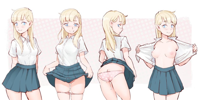 ass ass_cleavage blonde_hair blue_eyes blue_skirt breasts butt_crack cum cum_in_panties cum_in_pussy cum_wearing cum_wearing_(panties) flashing nipples no_bra oc pink_panties polka_dot_panties posing school_uniform schoolgirl skirt skirt_lift skirt_up smile tenguro upskirt white_shirt