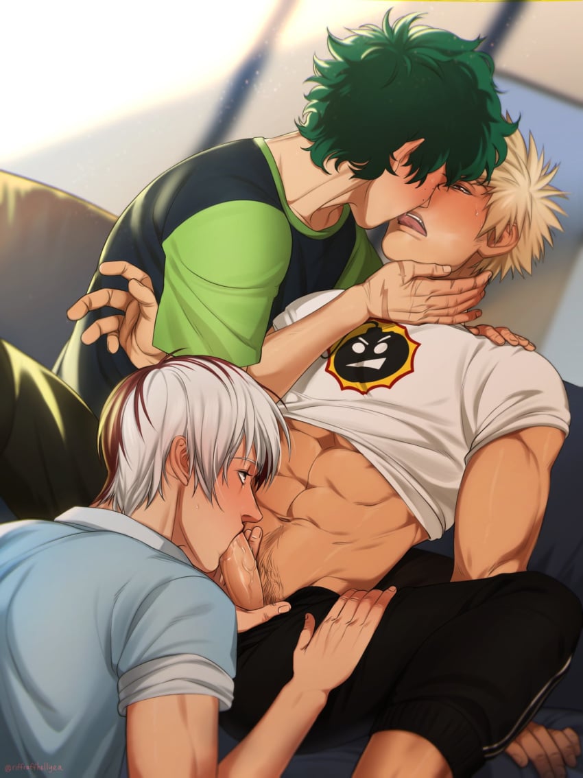 3boys abs blonde_hair blowjob blush clothed clothing cock_gobble cock_hungry cum_hungry embarrassed erection fellatio freckles gay giving_head going_down_on green_eyes green_hair hand_on_penis hand_on_thigh hand_scar holding_penis izuku_midoriya katsuki_bakugou kissing knob_polishing legs_held_open male male_only mouthful multiple_boys muscles muscular_male my_hero_academia oral oral_sex pants_open penis_in_mouth penis_out playing_skinflute pubic_hair red_hair riffraff riffraffhellyea scar scars shirt_up shouto_todoroki spiky_hair spread_legs sucking_off threesome tongue_kiss tongue_out two_tone_hair veiny_penis white_hair yaoi