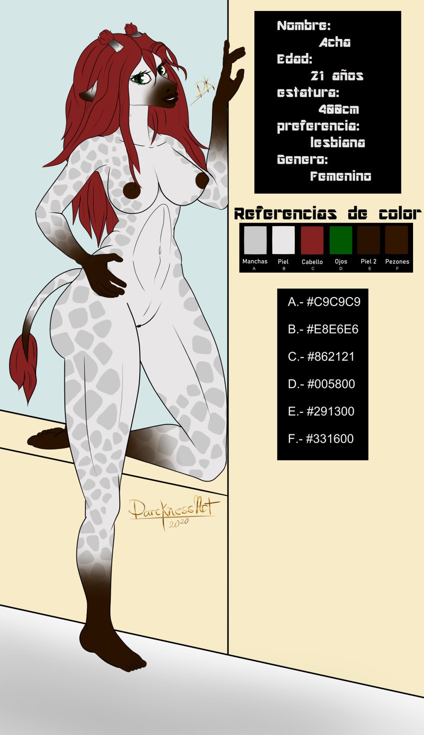 absurd_res acha anthro curvy_figure darcknessart female giraffe giraffid green_eyes hair hi_res mammal red_hair spanish_text text voluptuous white_body