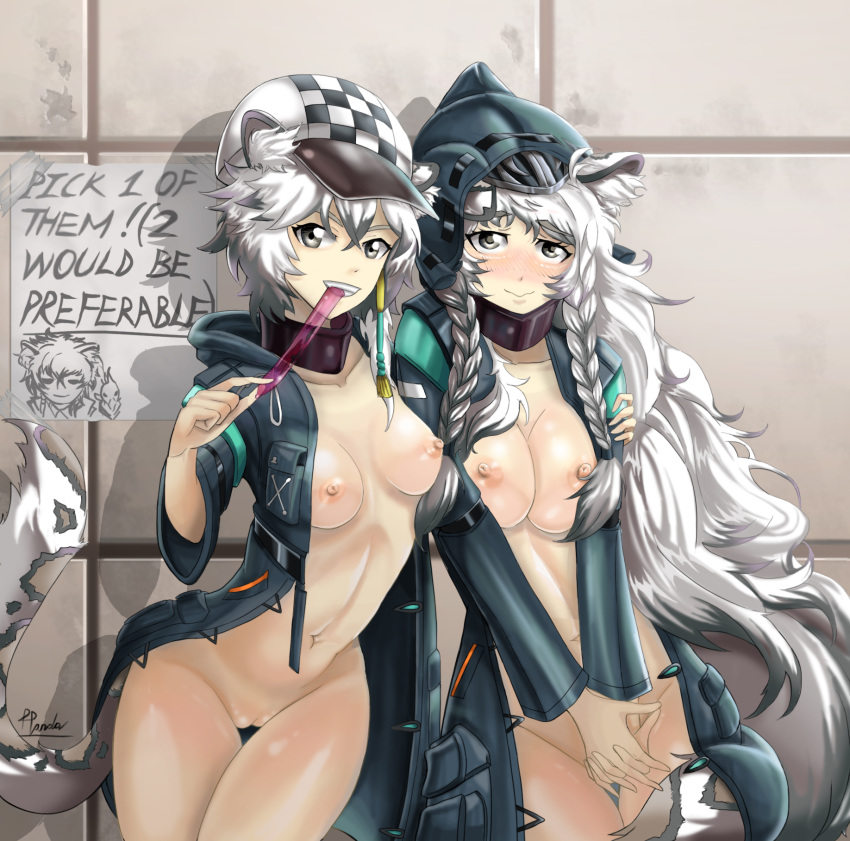 2girls animal_ear_fluff animal_ears areolae arknights blush breasts broken_condom cat_ears cat_tail clenched_teeth cliffheart_(arknights) condom condom_in_mouth embarrassed english_text exhibitionism female female_only grey_eyes hat highres holding_hands large_breasts leopard long_hair looking_at_viewer medium_breasts multiple_girls naked navel nipples nude perverted_panda pramanix_(arknights) pussy sabotaged_condom seductive shaved_pussy short_hair siblings silverash_(arknights) sisters smile tail thighs two_tone_hair two_tone_tail uniform white_eyes white_hair