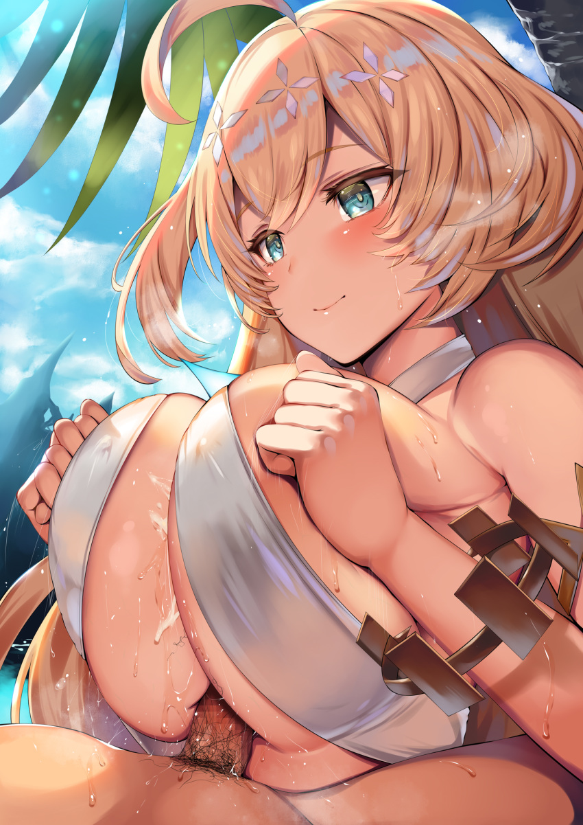 1boy ahoge bangs bare_shoulders belko bikini blonde_hair blue_eyes blue_sky blush bracelet breast_squeeze breasts cleavage closed_mouth cum cum_on_body cum_on_breasts cum_on_upper_body female halterneck highres jewelry large_breasts lolicept long_hair paizuri palm_tree penis pubic_hair sky smile straight swimsuit the_alchemist_code tifalet_(the_alchemist_code) tree white_bikini