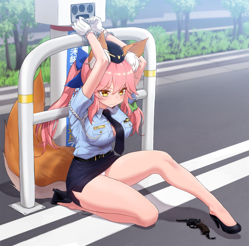 1girls amber_eyes angry animal_ears arms_up big_breasts blush bondage bra cleavage clothing embarrassed eyebrows_visible_through_hair fate_(series) femsub firearm fox_ears fox_girl fox_tail full_body gloves gun handcuffs handgun high_heels humiliation kneeling legs long_hair long_legs narynn outdoors pale_skin panties pencil_skirt pink_hair pistol police police_hat police_uniform policewoman restrained revolver short_skirt skirt solo street tail tamamo_no_mae_(fate) tears thick_thighs thighs tie unbuttoned uniform upskirt weapon white_panties yellow_eyes