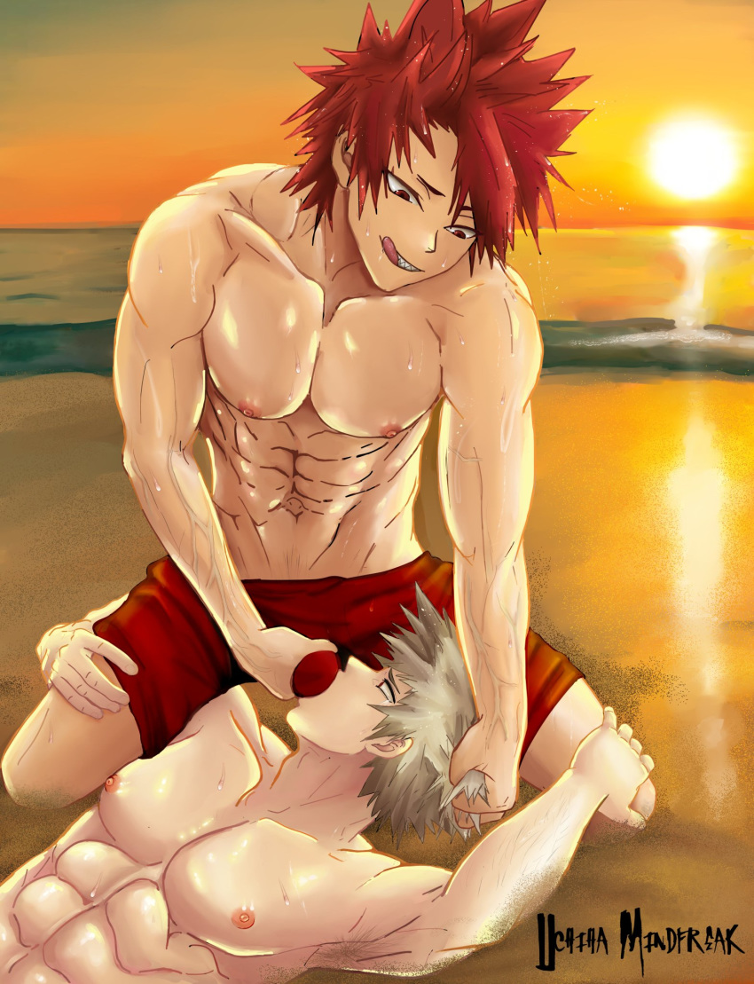 2boys abs bara beach biting_tongue blonde_hair blowjob bulge bulge_grab bulge_in_face dripping_wet eijirou_kirishima foreplay gay grabbing_hair hair_grab hand_on_leg hand_on_penis human human_only katsuki_bakugou light-skinned_male light_skin male male/male male_focus male_nipples male_only muscle muscles muscular muscular_male my_hero_academia nipples nude on_knees oral outdoors pecs public pulling_hair red_eyes red_hair shiny_skin shorts six_pack spiky_hair sucking_bulge sunset sweat sweating sweaty swimming_trunks uchihamindfreak uncensored wet yaoi