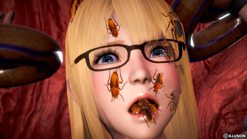 1girls 3d aizu649 alien alternate_hairstyle blonde_hair blue_eyes body_invasion bugs bukkake cockroach crying_with_eyes_open cum dead_or_alive eggpod female force_feeding forced_feeding gross honey_select insects long_hair marie_rose open_mouth restrained slime solo straight_hair tears tentacle vore