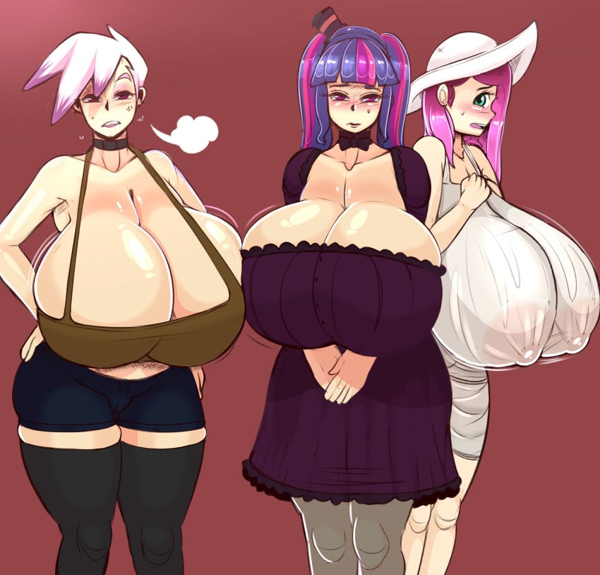 3girls dress embarrassed fladdykin fluttershy_(mlp) friendship_is_magic frocto furry gigantic_breasts gilda_(mlp) leggings my_little_pony pink_hair purple_hair see-through see-through_clothing shorts striped_hair sweatdrop twilight_sparkle_(mlp) white_hair