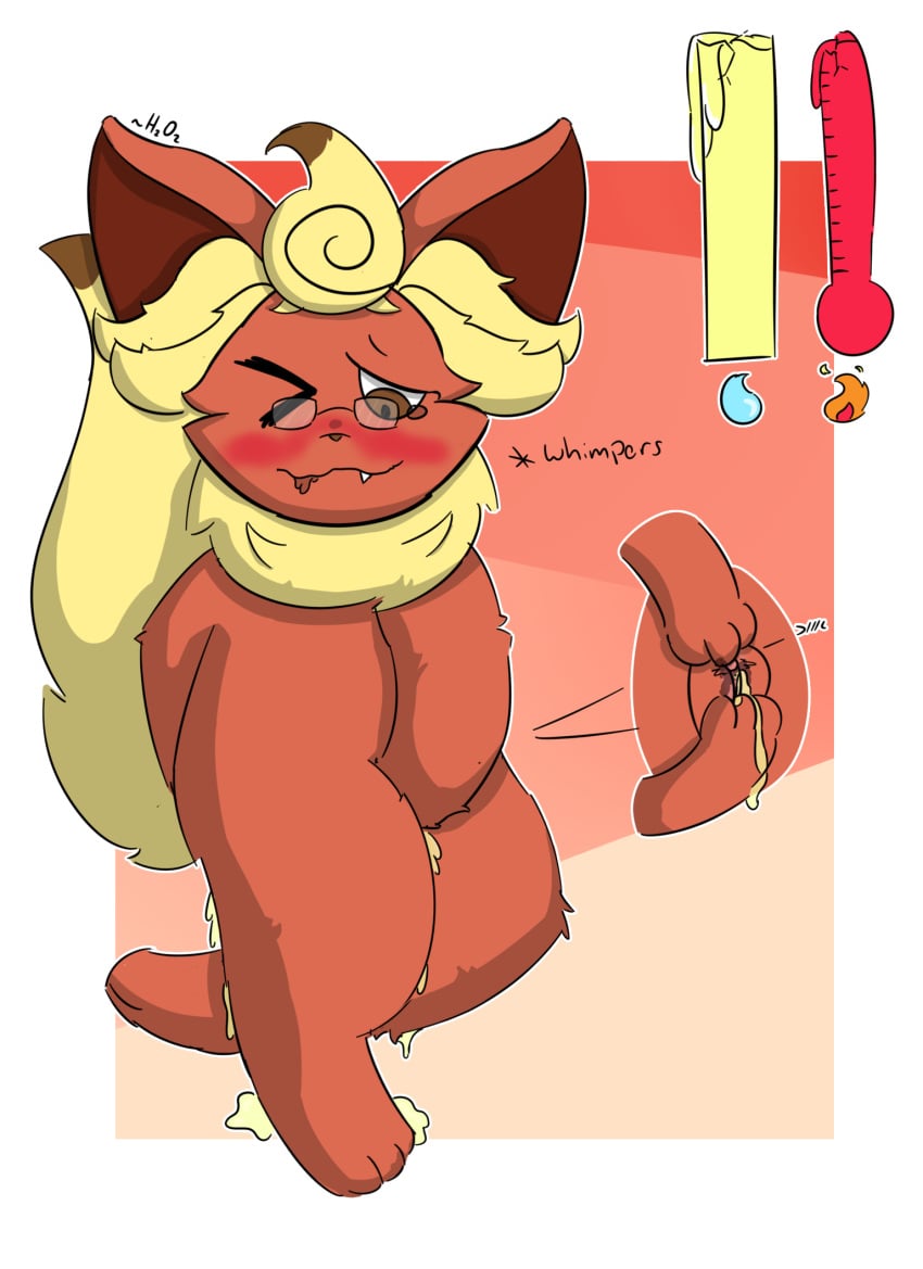 3_toes bladder_gauge blush bodily_fluids brown_eyes chest_tuft clitoris crossed_legs drooling eeveelution eyewear female flareon fur furry genital_fluids glasses h2o2 hi_res in_heat inner_ear_fluff masturbation nintendo omorashi original_character pee peeing peeing_self pokémon_(species) pokemon pussy pussy_juice red_body red_fur saliva scientific_instrument snout solo tail teeth thermometer toes tuft urine urine_pool vaginal_masturbation vaginal_penetration video_games weather_instrument whimper yellow_body yellow_fur