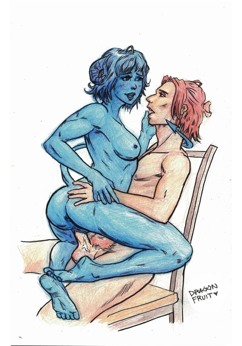 blue_hair blue_skin caleb_widogast cleric critical_role critical_role:_the_mighty_nein demon dragonfruit_(artist) female horns humanoid jester_lavorre male tail_grab