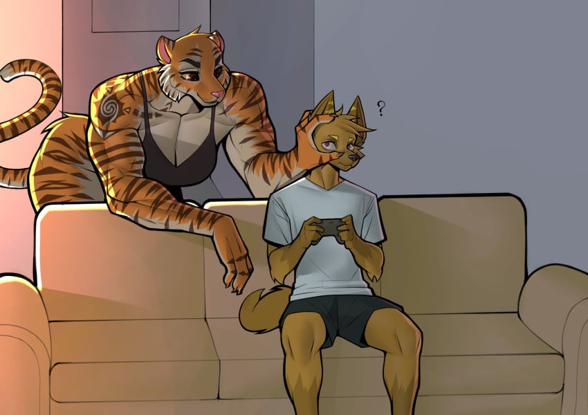 5_fingers anthro biceps breasts canid canine cleavage clothed clothing controller deltoids digital_media_(artwork) duo dziero face_grab felid female fingers furniture gaming hi_res hotline_miami hyena larger_female latte's_son_(dziero) male mammal muscular muscular_anthro muscular_female on_sofa pantherine pecs pecs_with_breasts question_mark shirt sitting sitting_on_sofa size_difference sofa tail tattoo tiger topwear