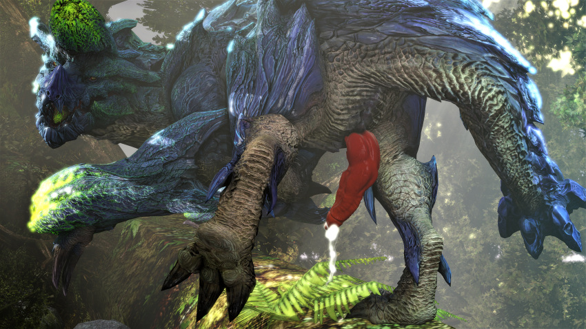 3d barlu bodily_fluids brachydios brute_wyvern capcom claws dinosaur erection feet feral forest genital_fluids genitals hi_res looking_at_viewer male male_only monster_hunter penis precum presenting reptile scales scalie solo tree video_games