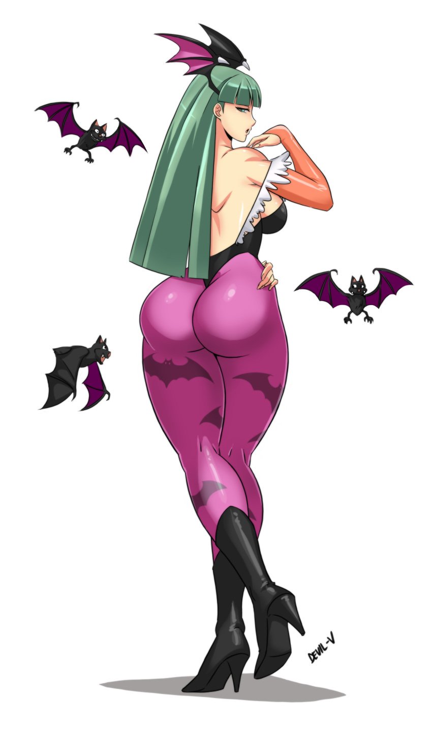 1girls ass bat_wings big_ass big_breasts boots breasts clothed clothing curvy darkstalkers devil-v female female_only green_hair head_wings high_heels huge_ass long_hair looking_at_viewer morrigan_aensland sideboob small_breasts solo standing succubus tight_clothing wide_hips