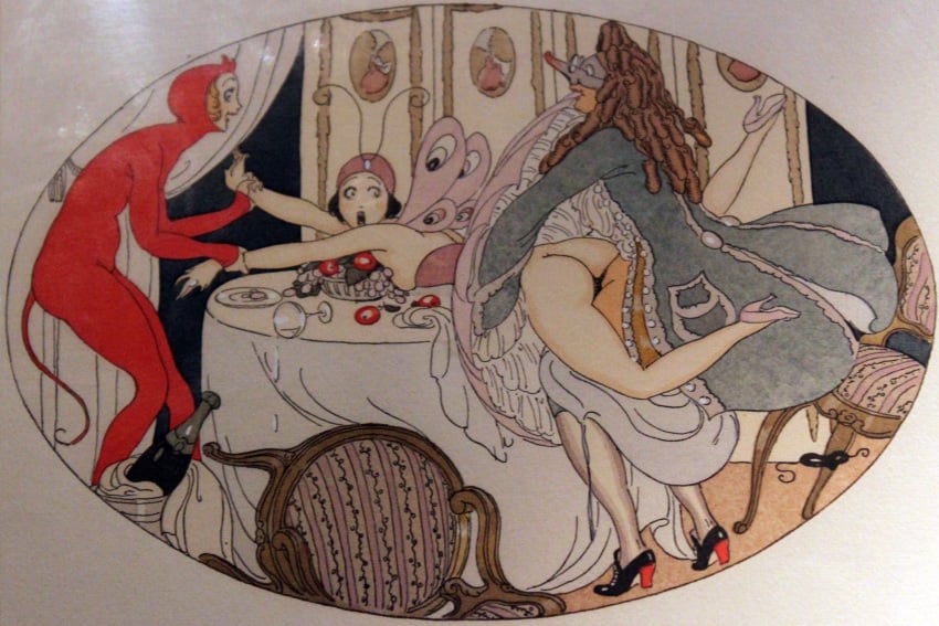 2girls art art_nouveau ass assisted_rape coat costume devil fairy fake_horns fine_art gerda_wegener historical humor mask no_panties public_domain rape skin_tight straight_hair