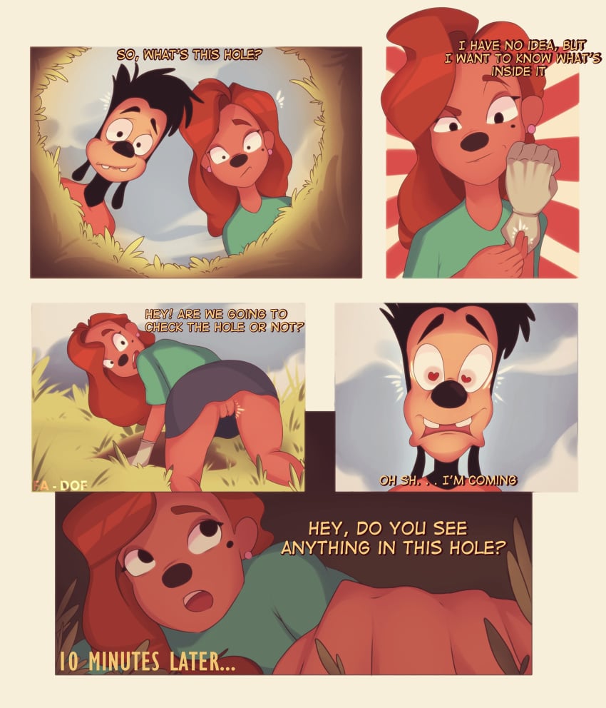 <3_eyes absurd_res anthro canid canine canis clothing comic disney dof domestic_dog english_text female genitals goof_troop heart hi_res male mammal max_goof no_underwear pussy roxanne_(goof_troop) text upskirt