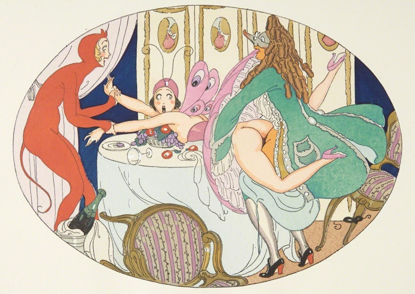 2girls art art_nouveau ass assisted_rape coat costume devil fairy fake_horns fine_art gerda_wegener historical humor mask no_panties public_domain rape skin_tight straight_hair