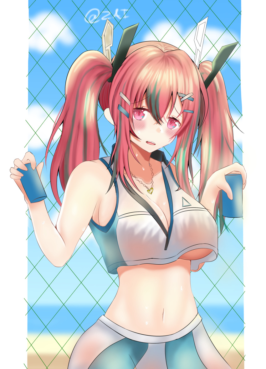 1girls azur_lane bremerton_(azur_lane) bremerton_(scorching-hot_training)_(azur_lane) female green_hair huge_breasts large_breasts pink_eyes pink_hair see-through_clothing solo stomach tennis_uniform underboob zai_(artist)